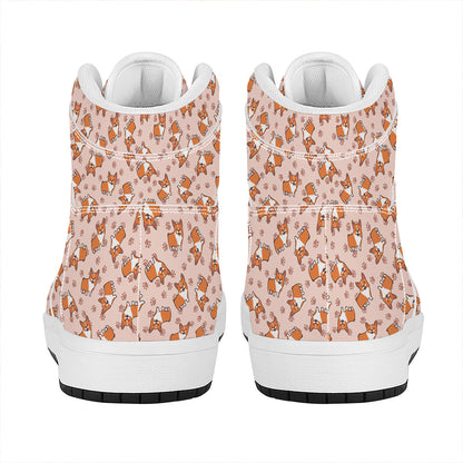 Pembroke Welsh Corgi Pattern Print High Top Leather Sneakers