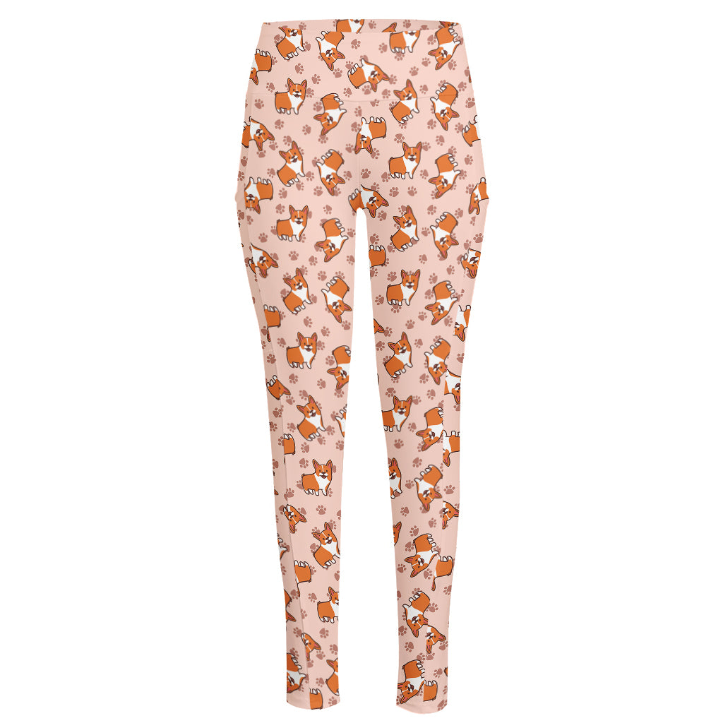 Pembroke Welsh Corgi Pattern Print High-Waisted Pocket Leggings