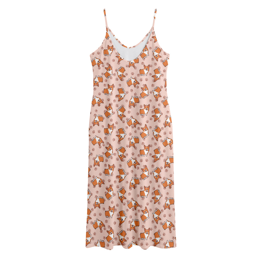 Pembroke Welsh Corgi Pattern Print Jersey Midi Cami Dress