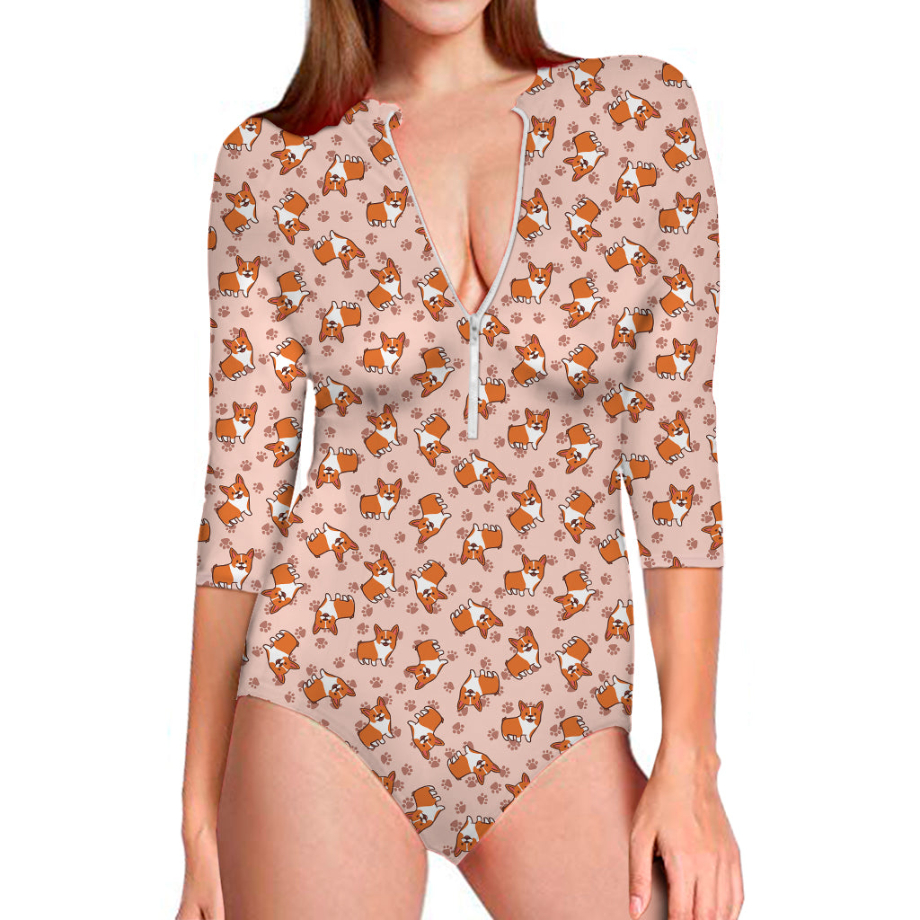 Pembroke Welsh Corgi Pattern Print Long Sleeve Swimsuit