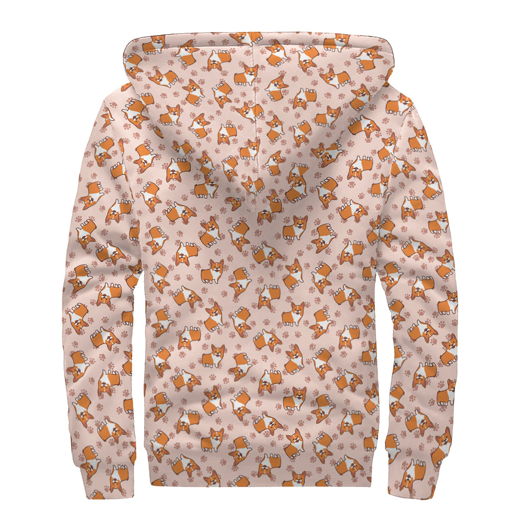 Pembroke Welsh Corgi Pattern Print Sherpa Lined Zip Up Hoodie