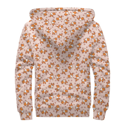 Pembroke Welsh Corgi Pattern Print Sherpa Lined Zip Up Hoodie