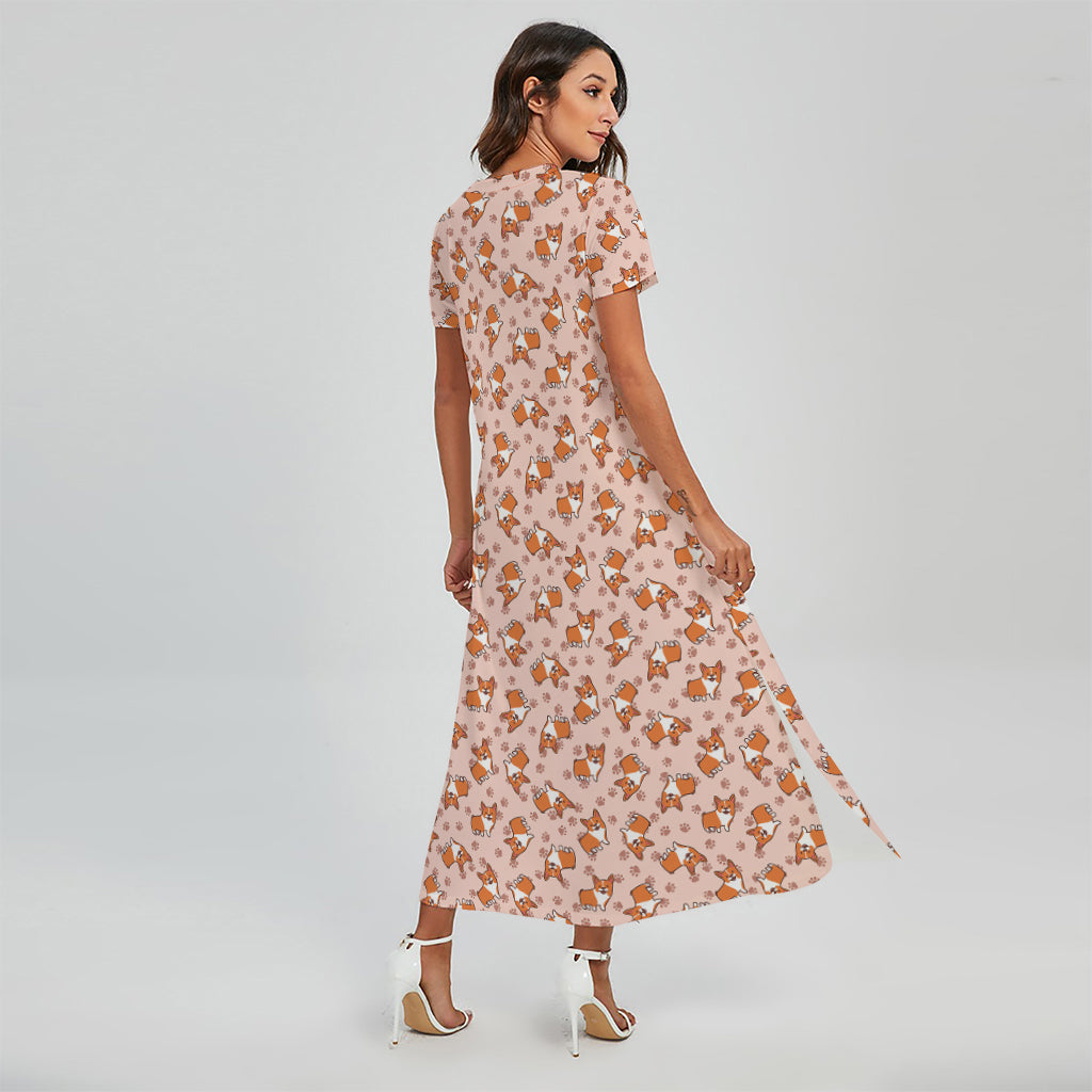 Pembroke Welsh Corgi Pattern Print Short Sleeve Maxi Dress