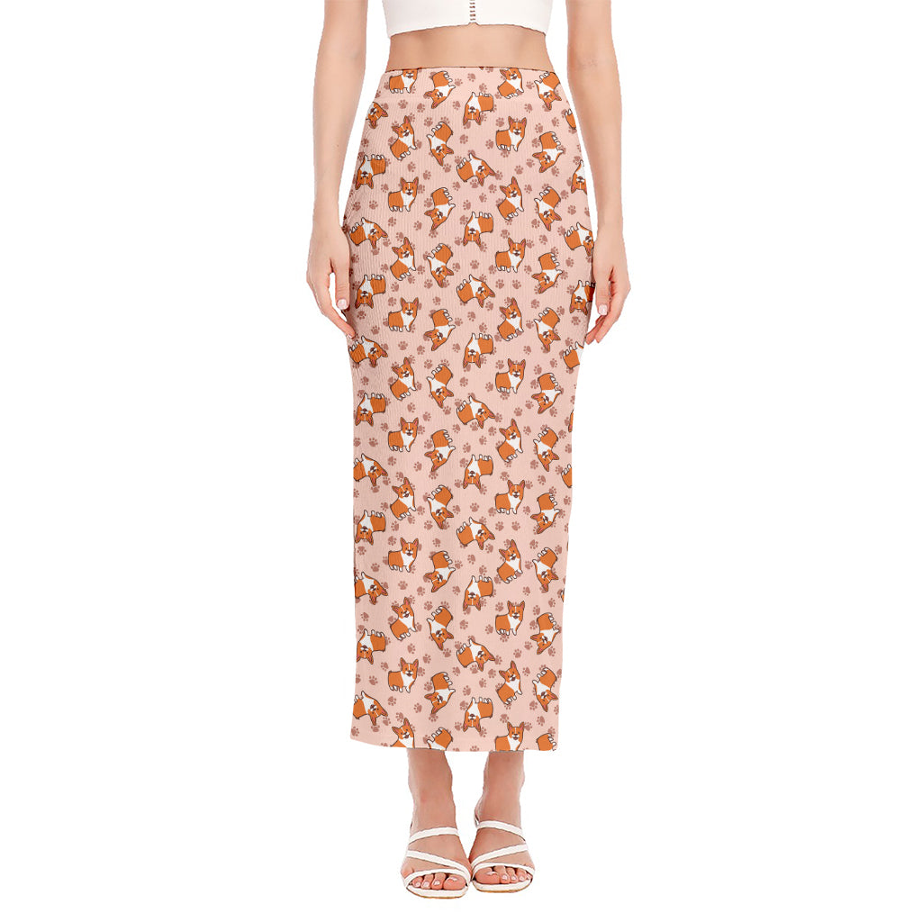 Pembroke Welsh Corgi Pattern Print Side Slit Maxi Skirt