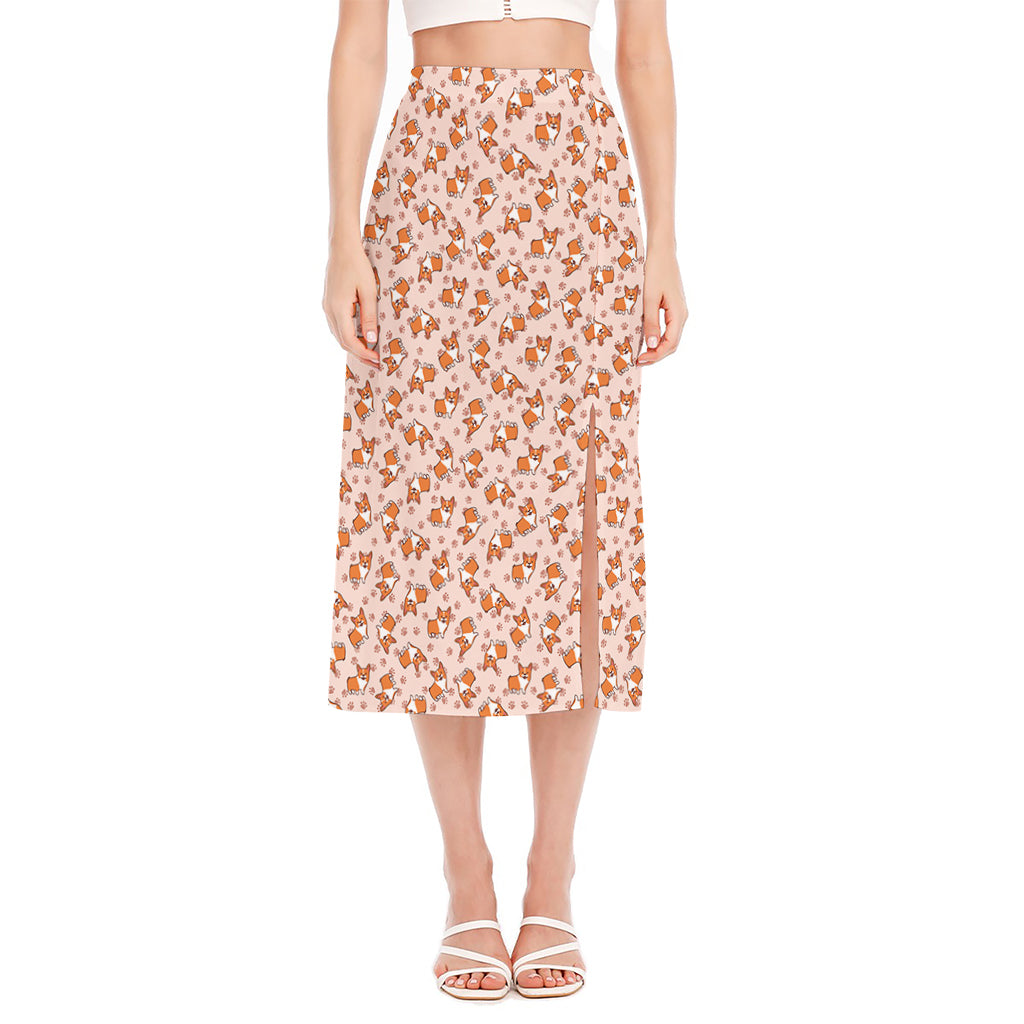 Pembroke Welsh Corgi Pattern Print Side Slit Midi Skirt