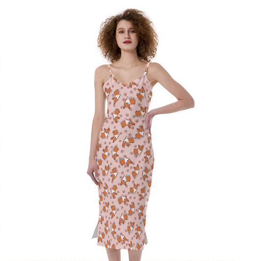 Pembroke Welsh Corgi Pattern Print Slim Fit Midi Cami Dress