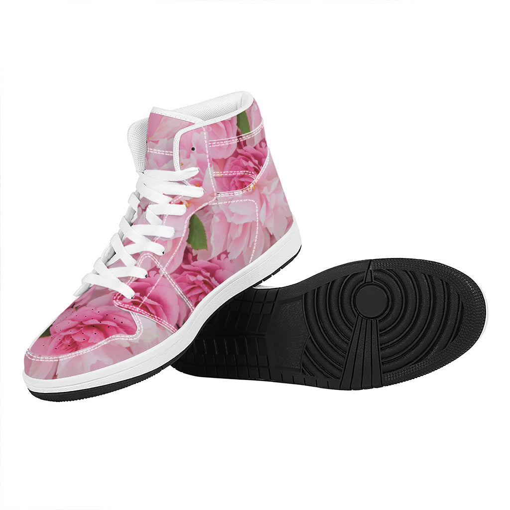 Peony And Rose Print High Top Leather Sneakers
