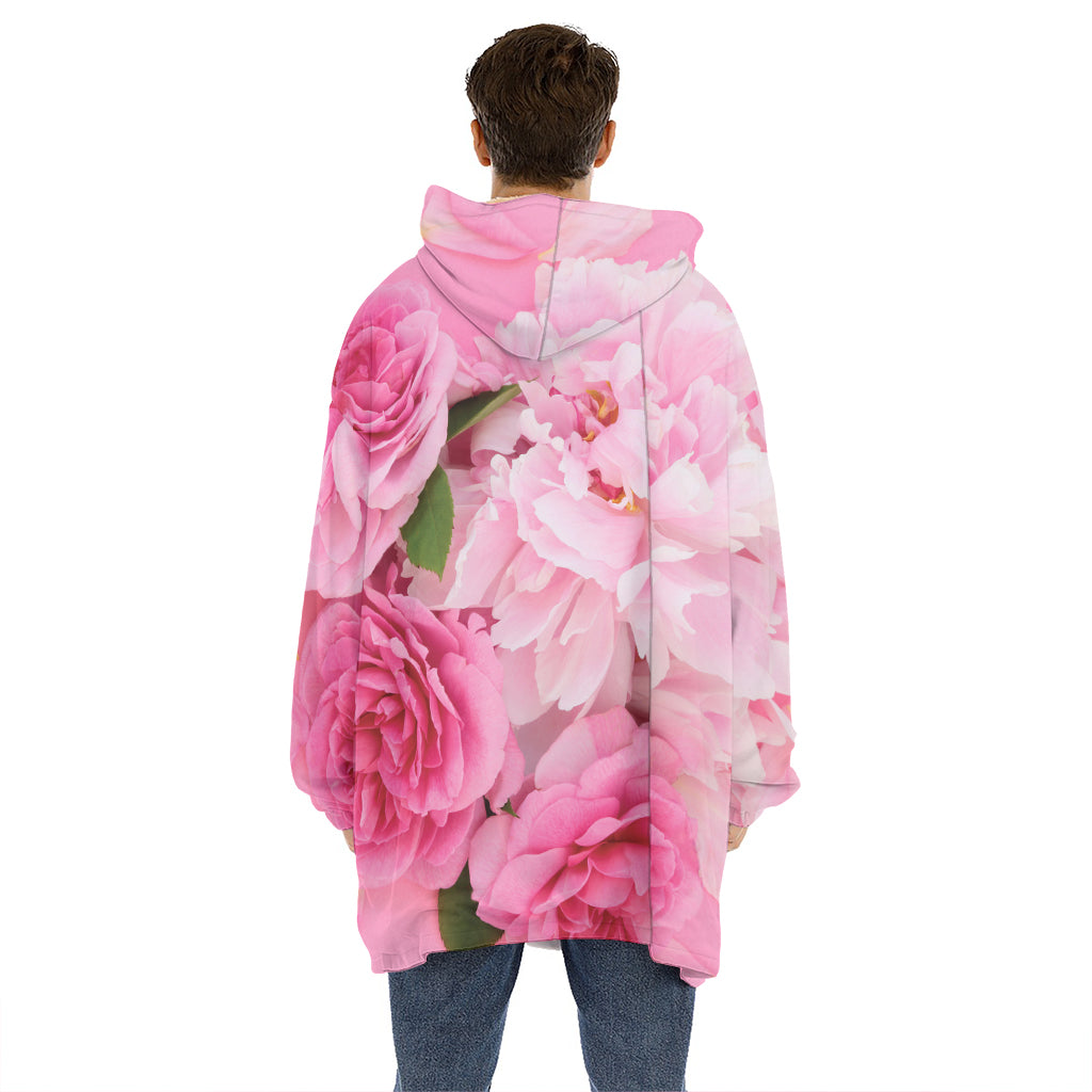 Peony And Rose Print Hoodie Blanket