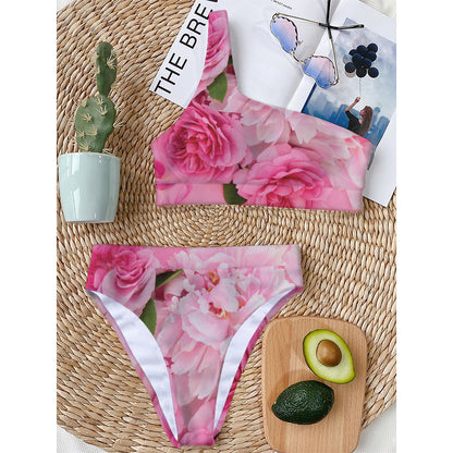 Peony And Rose Print One Shoulder Bikini Top
