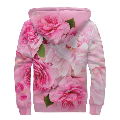 Peony And Rose Print Sherpa Lined Zip Up Hoodie