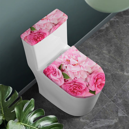 Peony And Rose Print Toilet Lid And Tank Cover Set