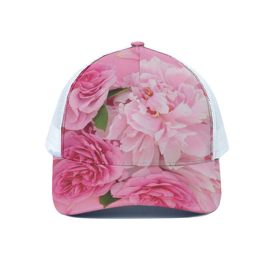 Peony And Rose Print White Mesh Trucker Cap