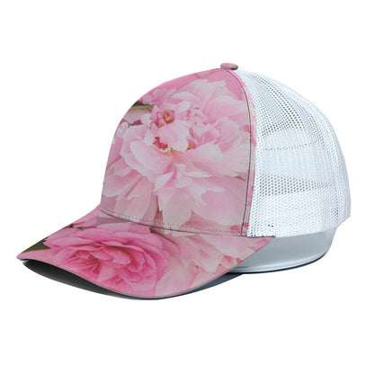 Peony And Rose Print White Mesh Trucker Cap