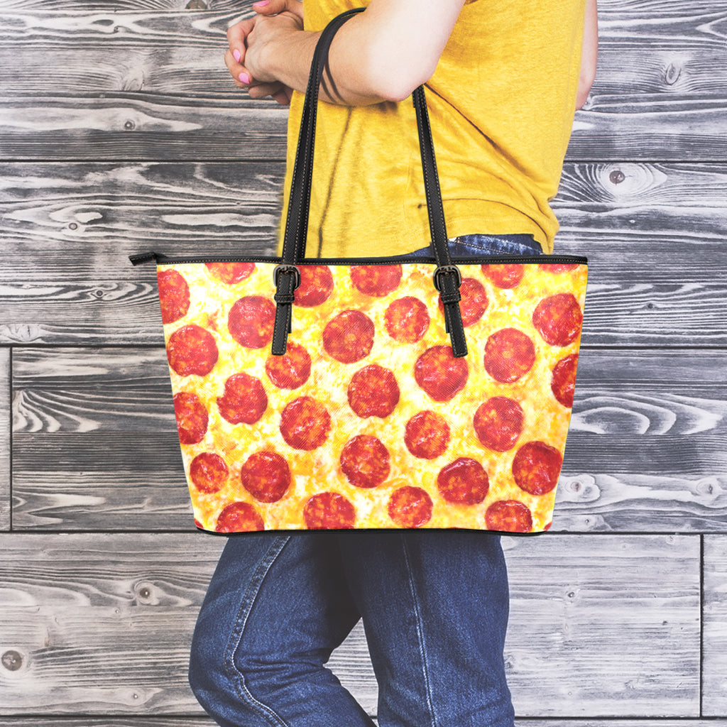 Pepperoni Pizza Print Leather Tote Bag