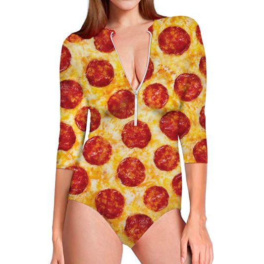 Pepperoni Pizza Print Long Sleeve Swimsuit