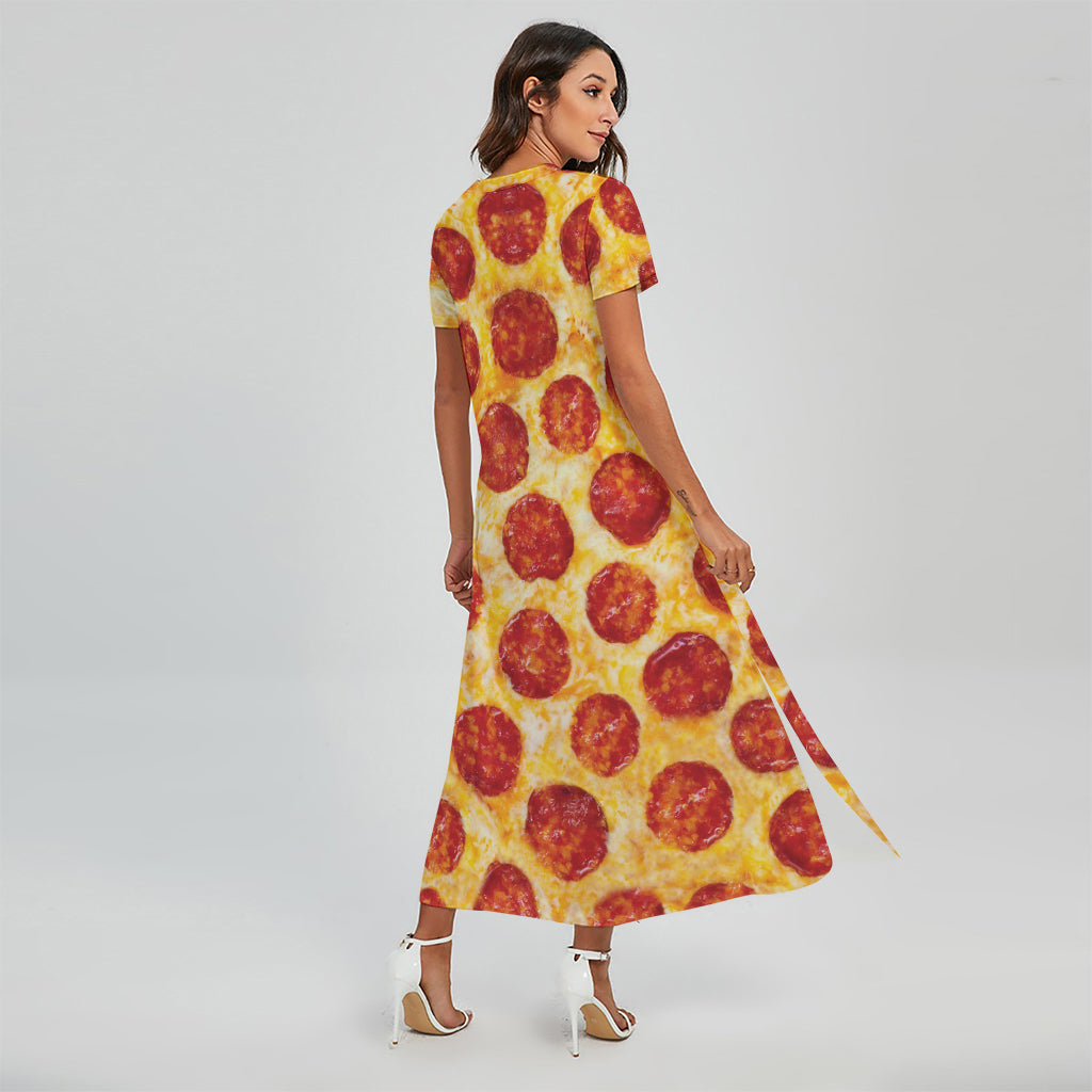 Pepperoni Pizza Print Short Sleeve Maxi Dress