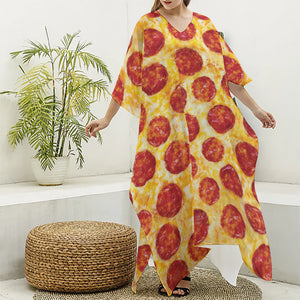 Pepperoni Pizza Print Silk V-Neck Kaftan Dress