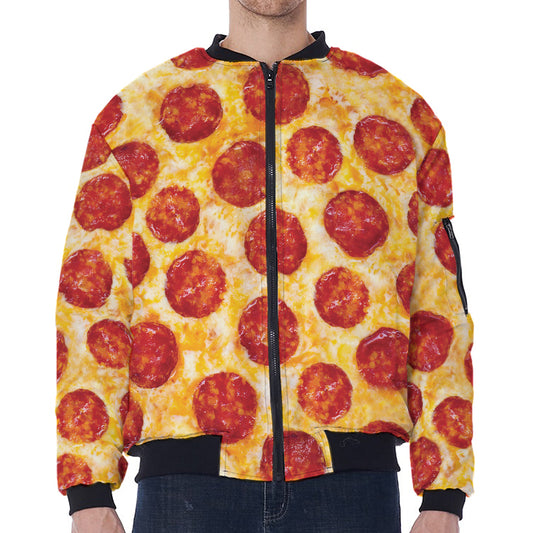 Pepperoni Pizza Print Zip Sleeve Bomber Jacket