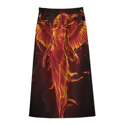 Phoenix Angel Print Cotton Front Slit Maxi Skirt