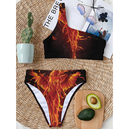 Phoenix Angel Print One Shoulder Bikini Top