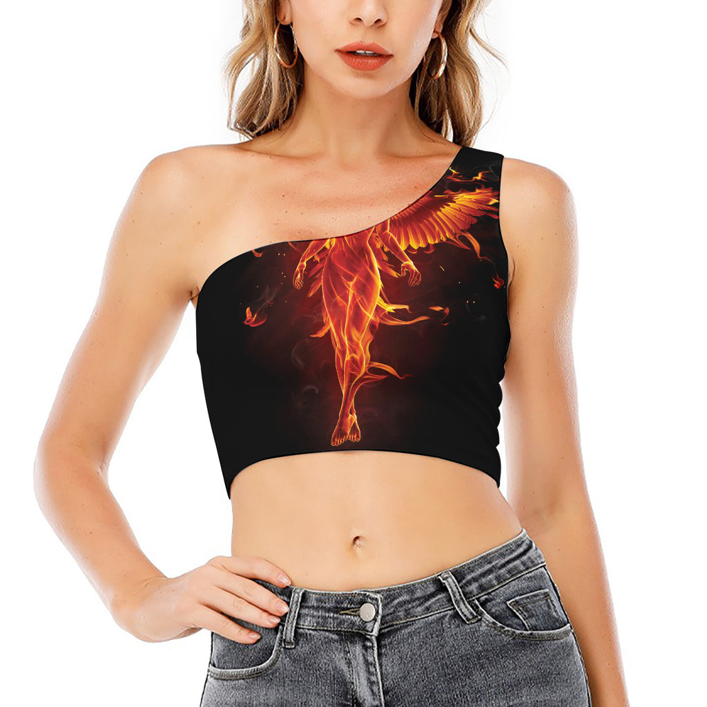 Phoenix Angel Print One Shoulder Crop Top