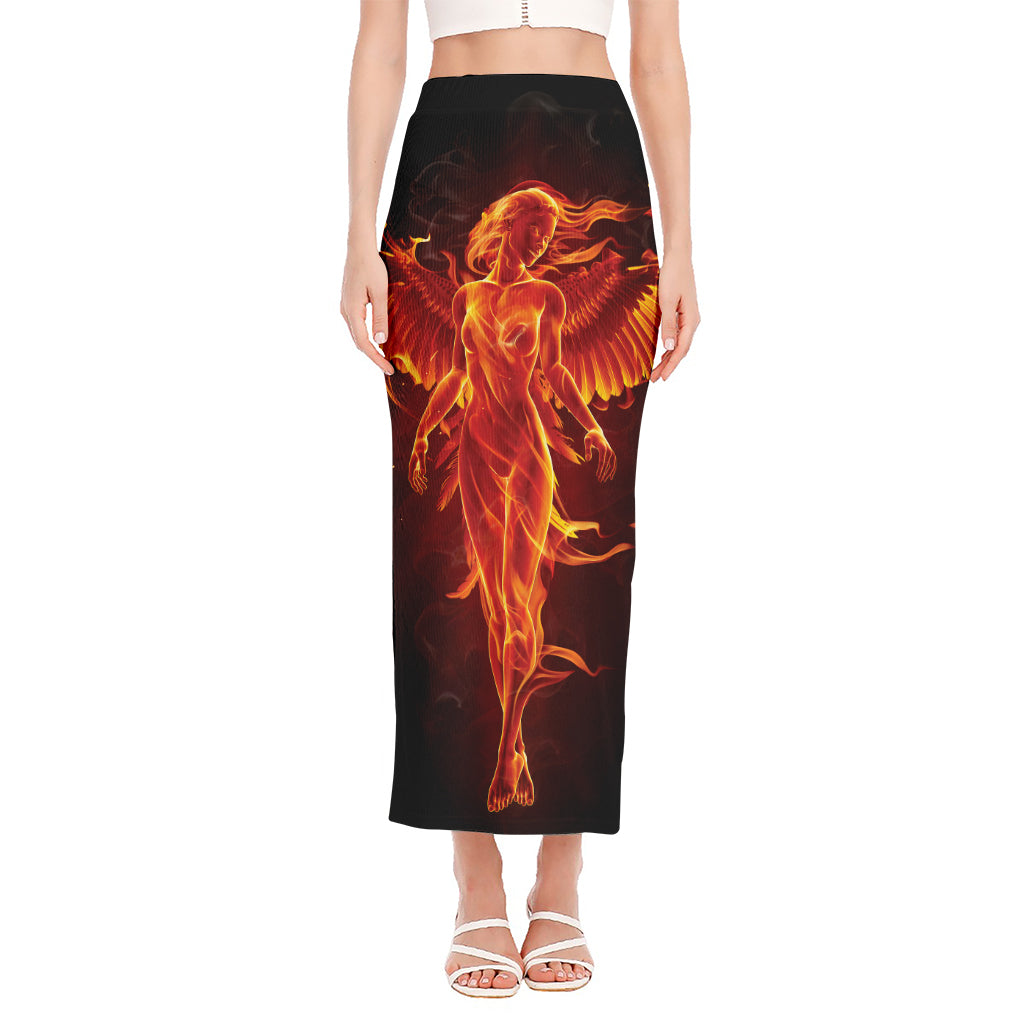 Phoenix Angel Print Side Slit Maxi Skirt