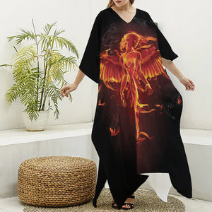 Phoenix Angel Print Silk V-Neck Kaftan Dress