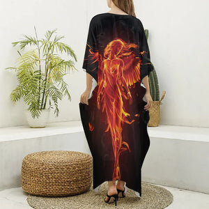 Phoenix Angel Print Silk V-Neck Kaftan Dress