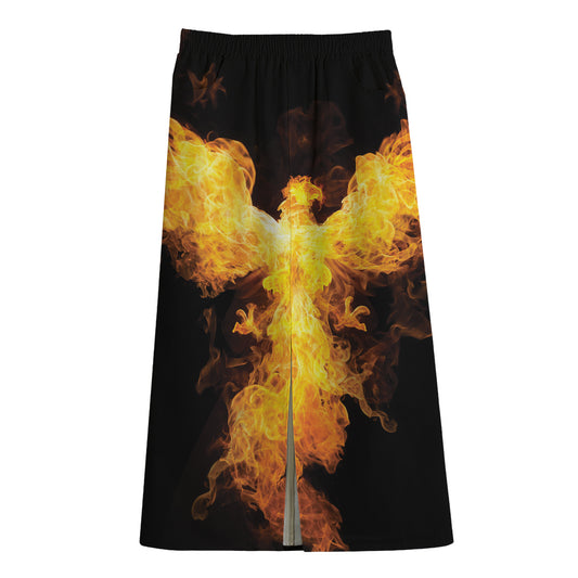 Phoenix Firebird Print Cotton Front Slit Maxi Skirt