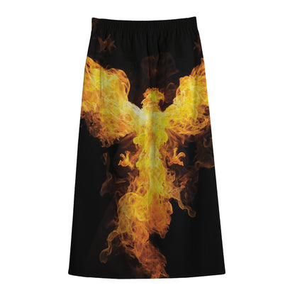 Phoenix Firebird Print Cotton Front Slit Maxi Skirt
