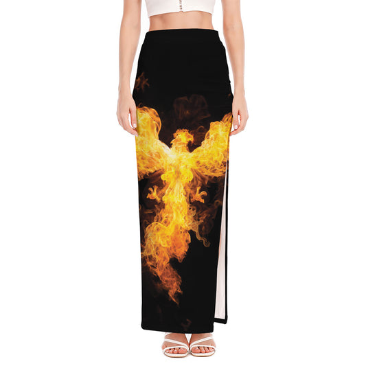 Phoenix Firebird Print High Slit Maxi Skirt