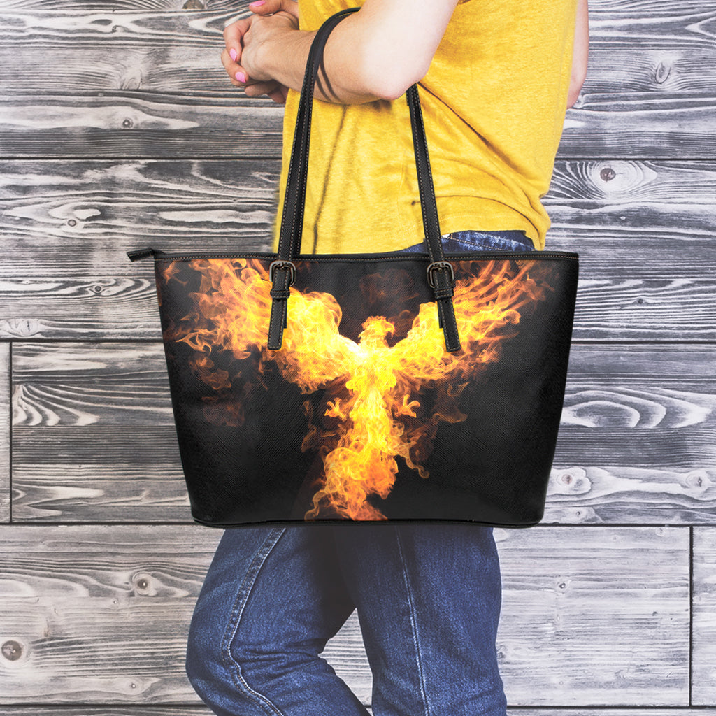 Phoenix Firebird Print Leather Tote Bag