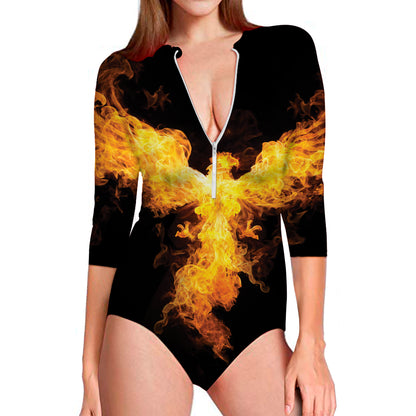 Phoenix Firebird Print Long Sleeve Swimsuit