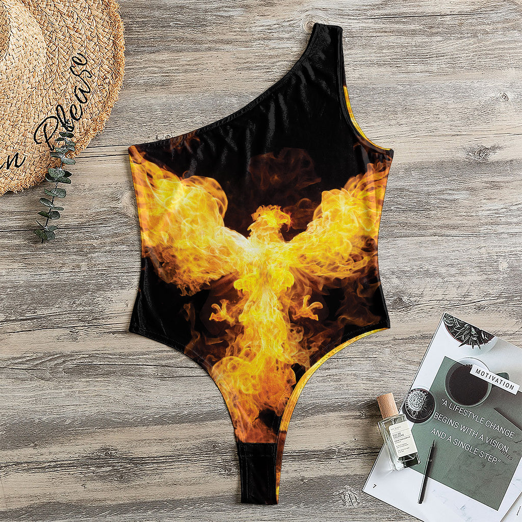 Phoenix Firebird Print One Shoulder Bodysuit