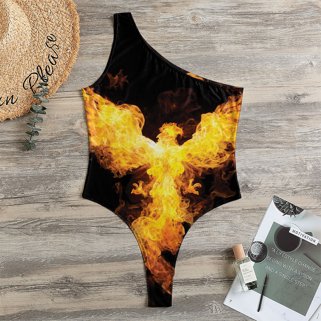 Phoenix Firebird Print One Shoulder Bodysuit