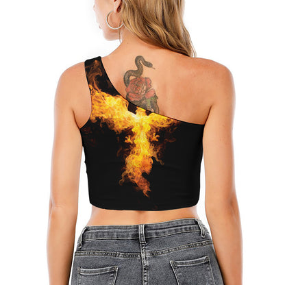 Phoenix Firebird Print One Shoulder Crop Top
