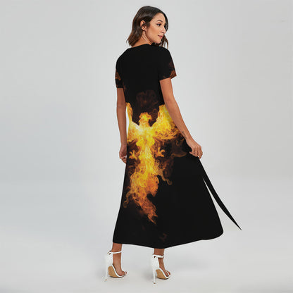 Phoenix Firebird Print Short Sleeve Maxi Dress