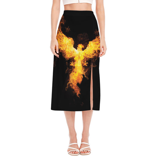 Phoenix Firebird Print Side Slit Midi Skirt
