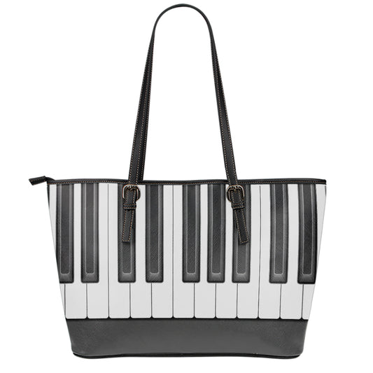 Piano Keyboard Print Leather Tote Bag