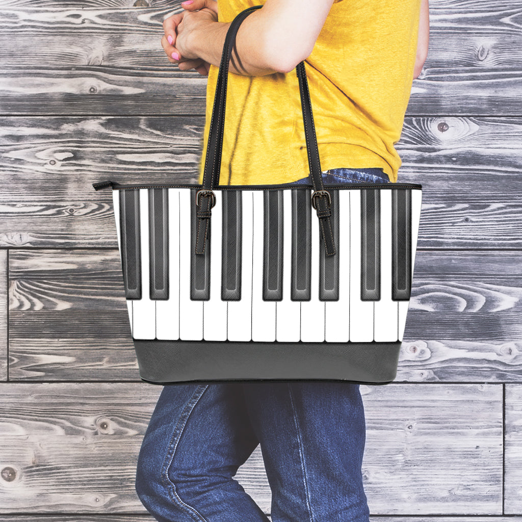 Piano Keyboard Print Leather Tote Bag