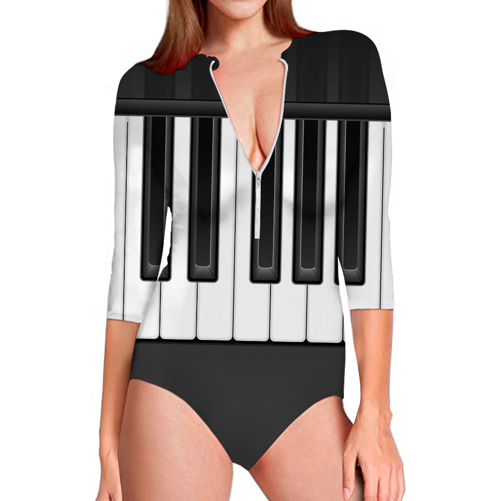 Piano Keyboard Print Long Sleeve Swimsuit