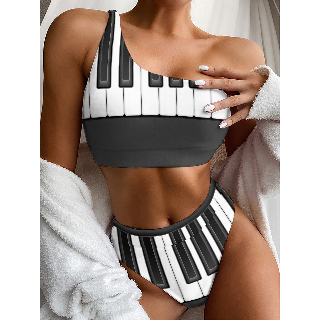 Piano Keyboard Print One Shoulder Bikini Top