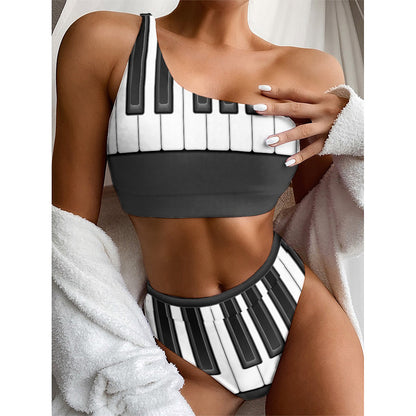 Piano Keyboard Print One Shoulder Bikini Top