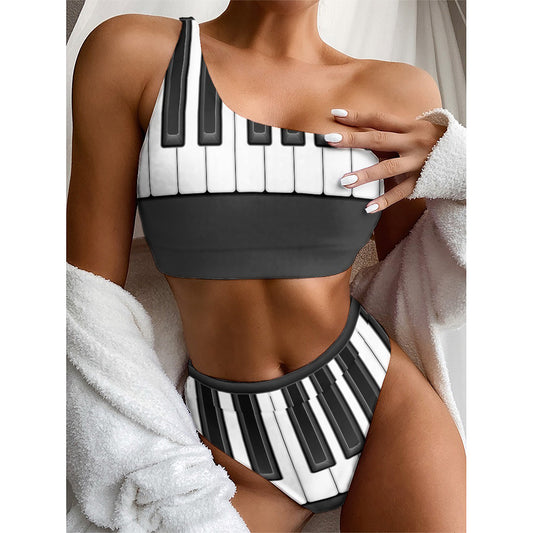 Piano Keyboard Print One Shoulder Bikini Top