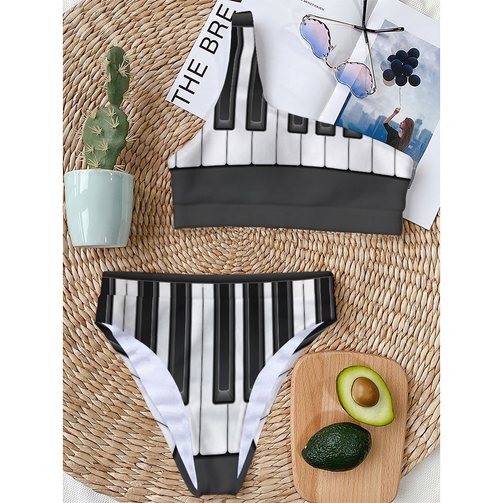 Piano Keyboard Print One Shoulder Bikini Top