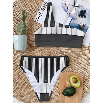Piano Keyboard Print One Shoulder Bikini Top