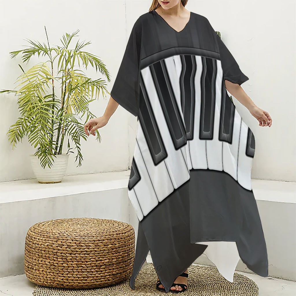 Piano Keyboard Print Silk V-Neck Kaftan Dress