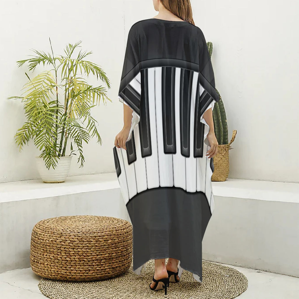 Piano Keyboard Print Silk V-Neck Kaftan Dress