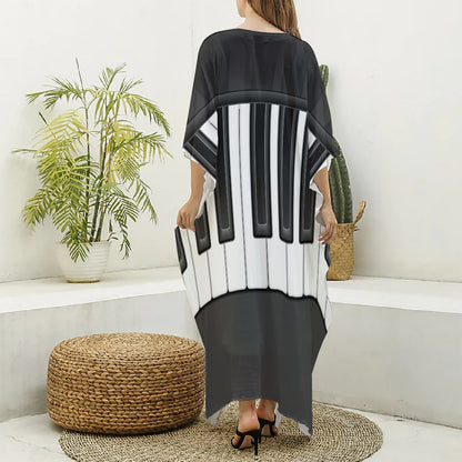 Piano Keyboard Print Silk V-Neck Kaftan Dress