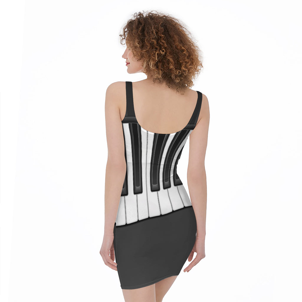 Piano Keyboard Print Sleeveless Bodycon Dress